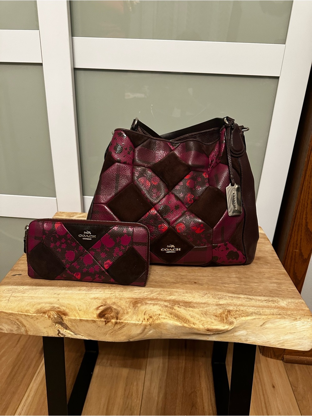 Coach Patchwork Leather Shoulder Bag and Wallet in Burgundy and Dark Brown